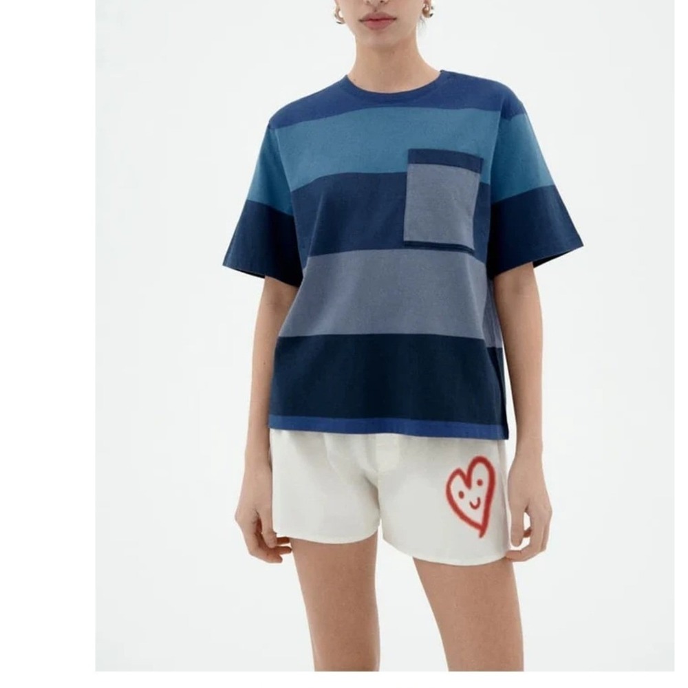 Thing Mu Lucia Tee Shirt Women's Size Medium Waves Stripes Blue Organic Cotton
